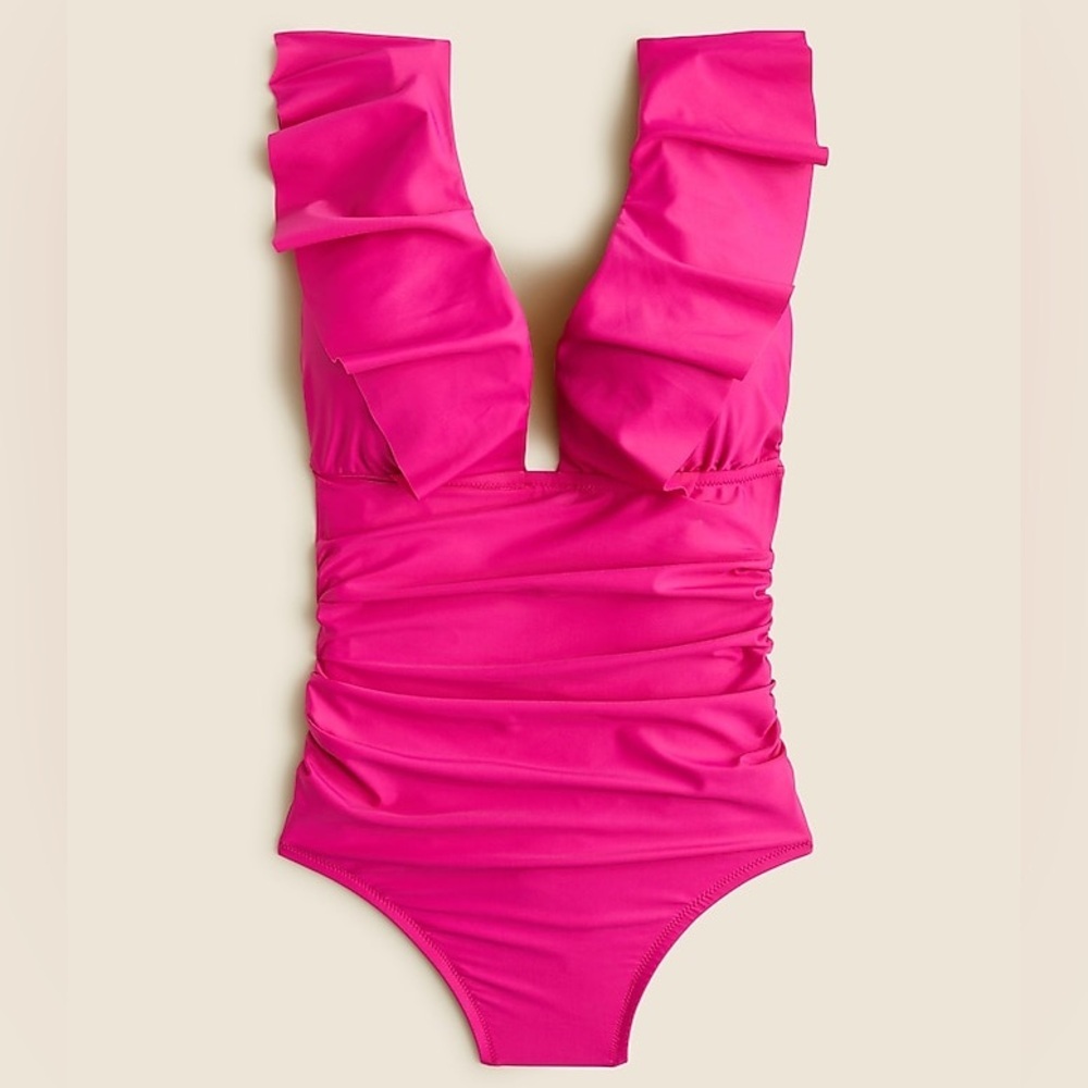J. Crew Fuchsia Pink Ruched Ruffle One Piece Swimsuit Bathing Suit Women’s NEW - Picture 1 of 12